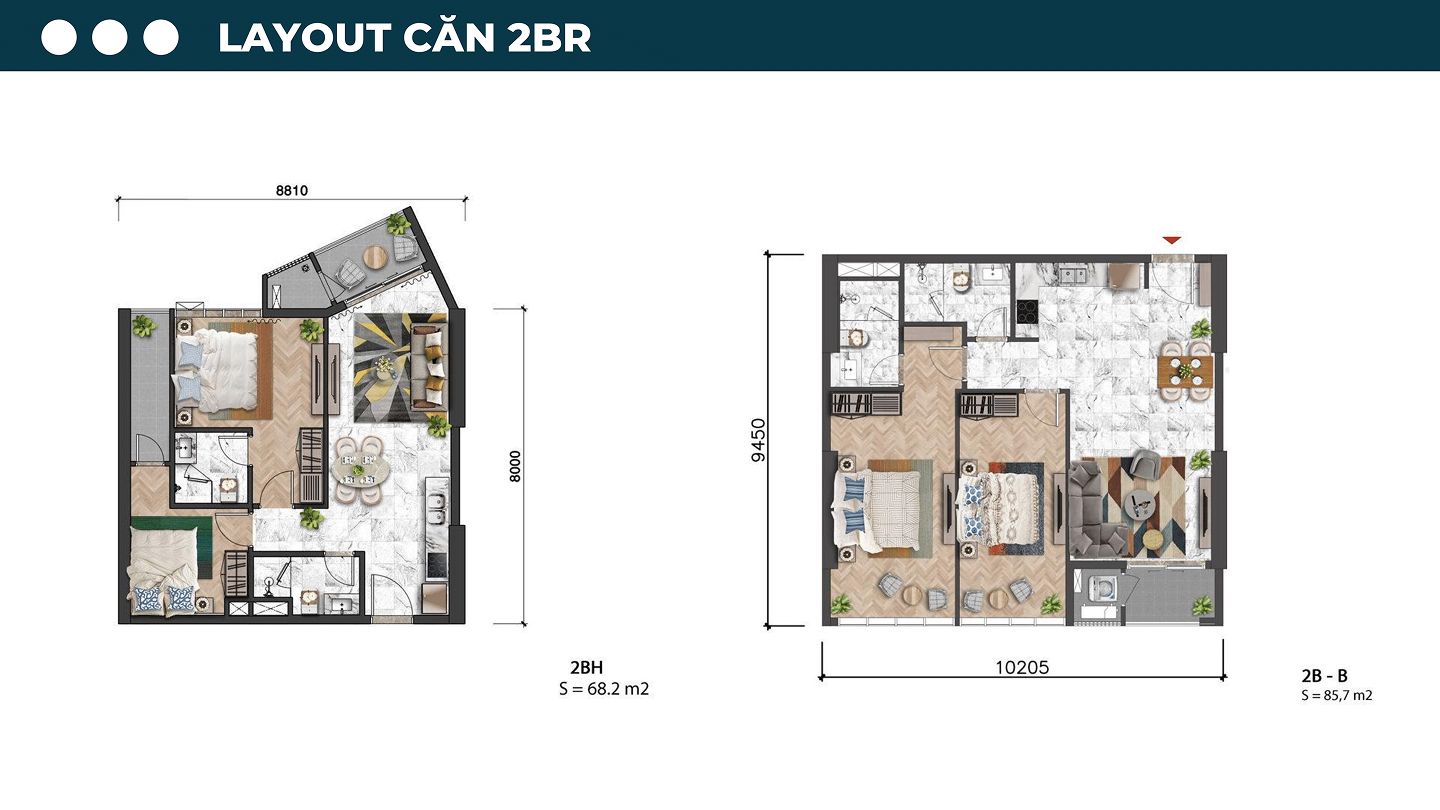 layout căn hộ 2 phòng ngủ dự án sun symphony residence đà nẵng