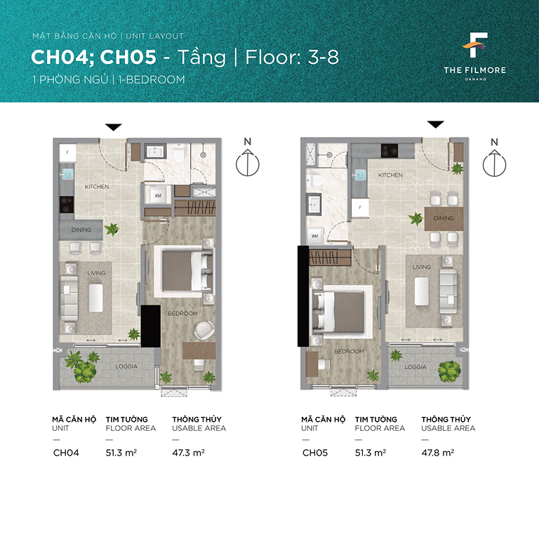 mặt bằng căn hộ 1 phòng ngủ dự án the filmore đà nẵng