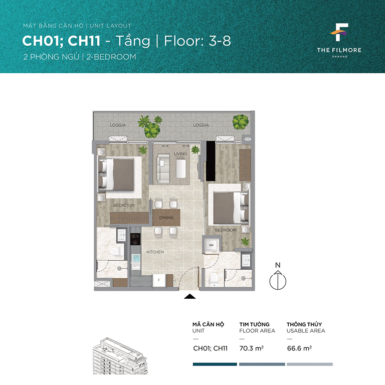mặt bằng căn hộ 2 phòng ngủ dự án the filmore đà nẵng